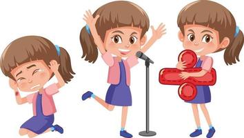 Cartoon character of a girl doing different activities vector