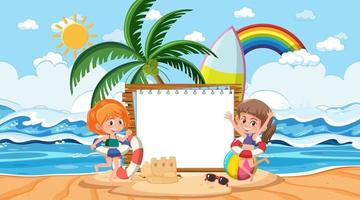 Plantilla de banner vacío con niños de vacaciones en la escena diurna de la playa vector