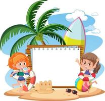 Plantilla de banner en blanco con muchos niños en vacaciones de verano en la playa. vector