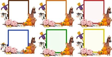 Conjunto de banner en blanco en diferentes colores con animales de granja aislados vector