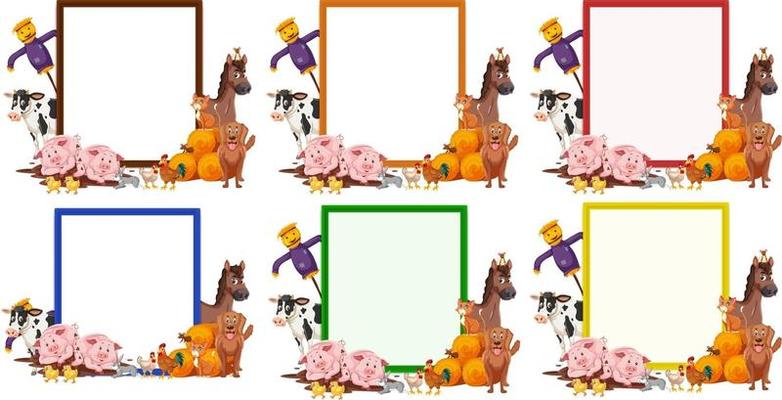 Set of blank banner in different color with farm animals isolated