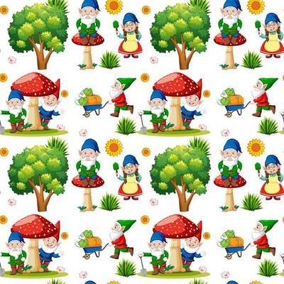 Gnome or dwarf seamless pattern with garden elements