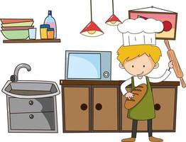 Little chef with kitchen equipments on white background vector