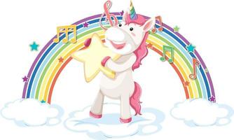 unicornio de pie en la nube con arco iris y símbolo de melodía vector