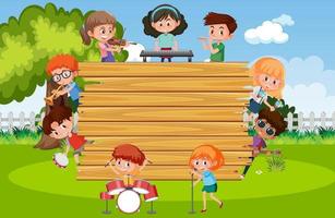 Empty wooden board with kids playing different musical instruments vector