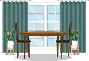 Dining table set with window and green curtain vector