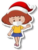 A sticker template with a girl wearing mask in Christmas theme vector