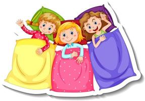 Sticker template with three kids in pajamas costumes isolated vector