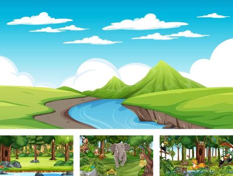 Conjunto de escena horizontal de diferente naturaleza con varios animales salvajes. vector