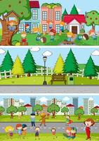 Set of different horizon scenes background with doodle kids vector