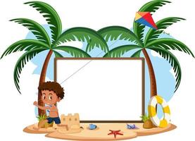 Banner vacío con carácter infantil en vacaciones de verano en la playa. vector