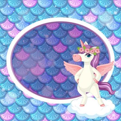 Oval frame template on blue fish scales background with cute unicorn