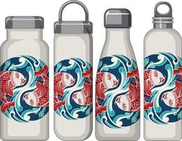 Set of different white thermos bottles koi carp pattern vector