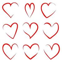 Set of red thin outline handdrawn hearts vector