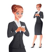 Smiling businesswoman texting on smartphone vector illustration