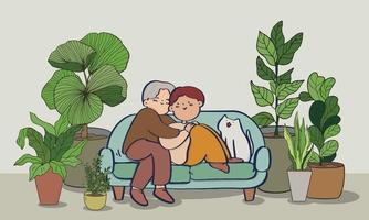 Love couple doing various activities on sofa indoors, Flat design. vector