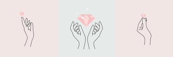 Abstract hands set with diamond. Minimal female outline fingers vector