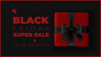 banner de texto de super venta de viernes negro con caja de regalo roja con lazo negro vector