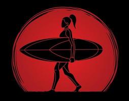 Woman Surfer Surfing Sport  on Sunset Background vector