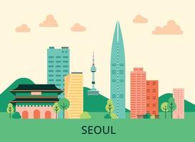 Tourism poster with Korean landmark buildings. vector