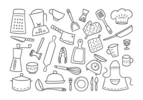 Kitchen tools and tableware. Cook. Hand drawn set of elements vector