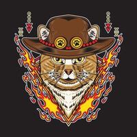 Cat wearing straw hat and have fire element vector illustration