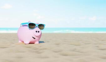 Piggy Bank With Sunglasses On The Beach Holiday photo