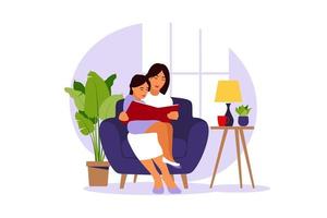 Mom reading for daughter sitting on the sofa with book. vector