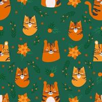 Seamless pattern with cute tigers characters and Christmas decorations vector