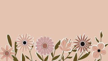 Horizontal backdrop decorated with blooming flowers and leaves border. vector