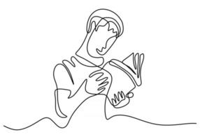 un dibujo de línea continua del hombre leyendo un libro vector