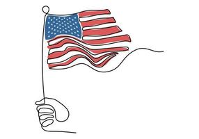 One continuous single line drawing of hand holding American flag vector