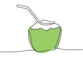 Continuous one line drawing green coconut water drink vector