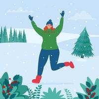Girl rejoices in the snow. Winter fun on snowy landscape vector