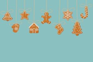 Hanging gingerbread cookies on blue background. Christmas template vector