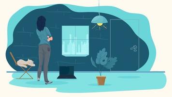 A woman in a room stands in a thoughtful pose and looks out vector