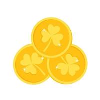 S t. día de San Patricio, tres monedas de oro decoradas con trébol de trébol. vector