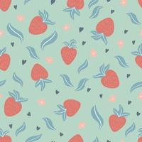 Cute seamless pattern with hand drawn strawberries, leaves, flowers vector