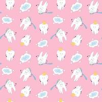 Seamless pattern with cute characters teeth on a pink background. vector