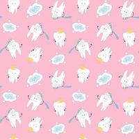 Seamless pattern with cute characters teeth on a pink background. vector