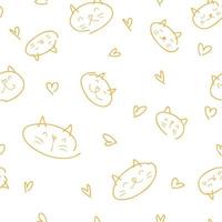 Free hand drawn vector seamless pattern of cat muzzles and hearts