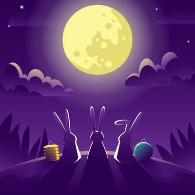 Three Rabbits Watching Full Moon