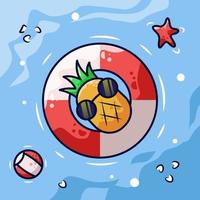 Pineapple and swimming pool float on water vector cartoon illustration