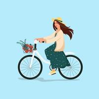 Girl in a dress rides a bicycle autumn landscape  illustration vector