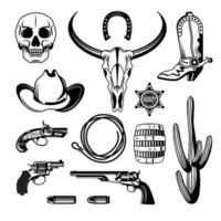 vaquero, emblema, monocromo, vendimia, icono, conjunto, vector, ilustración vector