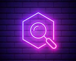 magnifying glass with wrench nut icon in neon style. vector