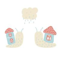 Hand drawn illustration of two cute snails with houses and rainy cloud vector