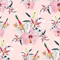 Seamless floral pattern Lilly and Hibiscus flowers on background. vector