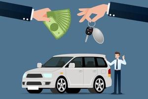 The car dealer's make an exchange, sale, rent between a car and the customer's money. Vector illustration design.