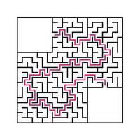 Black square maze with entrance and exit. An interesting and useful game for children. Simple flat vector illustration isolated on white background. With a place for your drawings. With the answer.